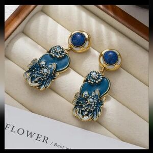 Blue and Gold Floral Earrings